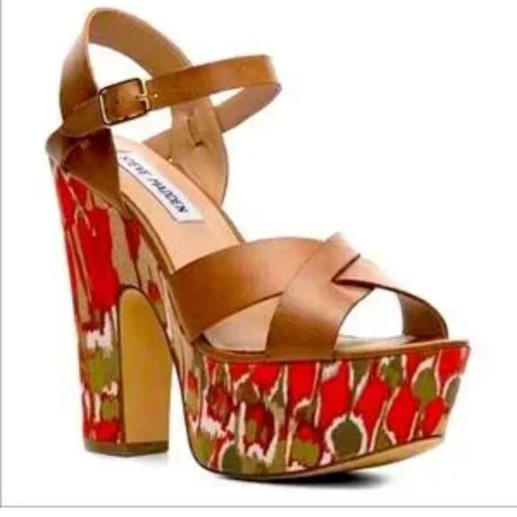 Steve Madden P-Kia Multicolor Platform Heels Cognac Leather Women's Size 8.5 - Picture 1 of 9